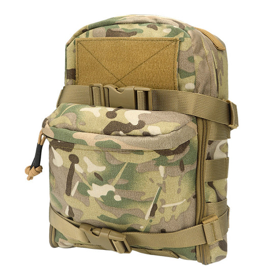 A camouflage tactical water bag designed to be worn like a vest, with a front pouch and MOLLE webbing for attaching accessories.