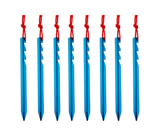 Six blue aluminum alloy tent pegs are arranged vertically in a row against a white background. Each peg has a multi-tooth design along its shaft and a red pull cord attached at the top.