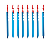 Six blue aluminum alloy tent pegs are arranged vertically in a row against a white background. Each peg has a multi-tooth design along its shaft and a red pull cord attached at the top.