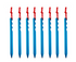 Six blue aluminum alloy tent pegs are arranged vertically in a row against a white background. Each peg has a multi-tooth design along its shaft and a red pull cord attached at the top.