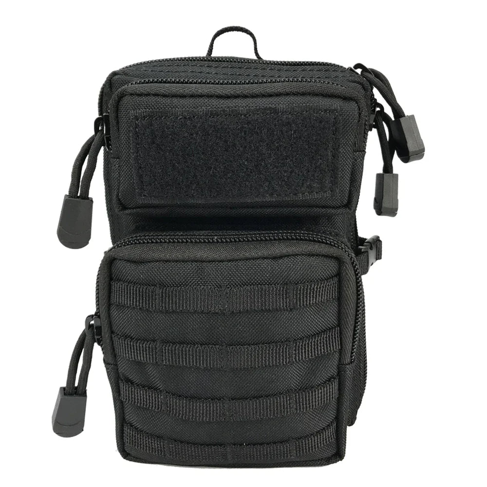 A black tactical waist bag with multiple zippered compartments and Molle webbing is shown against a white background.