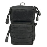 A black tactical waist bag with multiple zippered compartments and Molle webbing is shown against a white background.