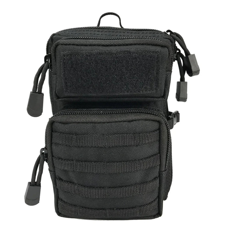 A black tactical waist bag with multiple zippered compartments and Molle webbing is shown against a white background.