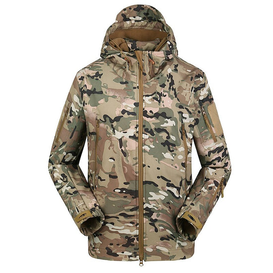 A military-style tactical jacket with an ACU (Army Combat Uniform) camouflage pattern, a hood, a front zipper, and pockets on the sleeves. The letters "ACU" are visible in the upper right corner.