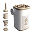 A white and tan portable electric air pump is shown with four detachable nozzles of varying shapes and sizes arranged to its left. The pump has a cylindrical body with a fan outlet on the side and two buttons on the front. The top of the pump has a tan circular vent.