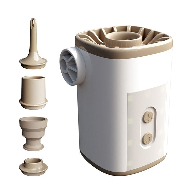A white and tan portable electric air pump is shown with four detachable nozzles of varying shapes and sizes arranged to its left. The pump has a cylindrical body with a fan outlet on the side and two buttons on the front. The top of the pump has a tan circular vent.