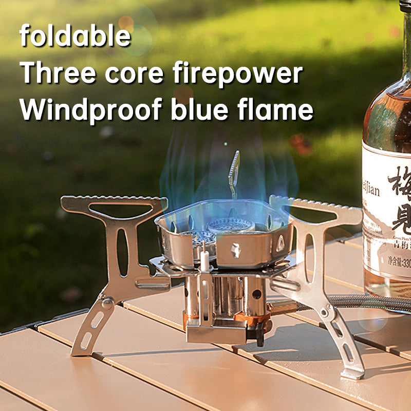 A 5800W 3-head camping gas stove, shown unfolded and folded, highlighting its stainless steel construction, electronic ignition, and conversion head