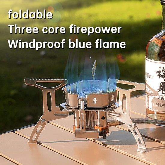 A 5800W 3-head camping gas stove, shown unfolded and folded, highlighting its stainless steel construction, electronic ignition, and conversion head