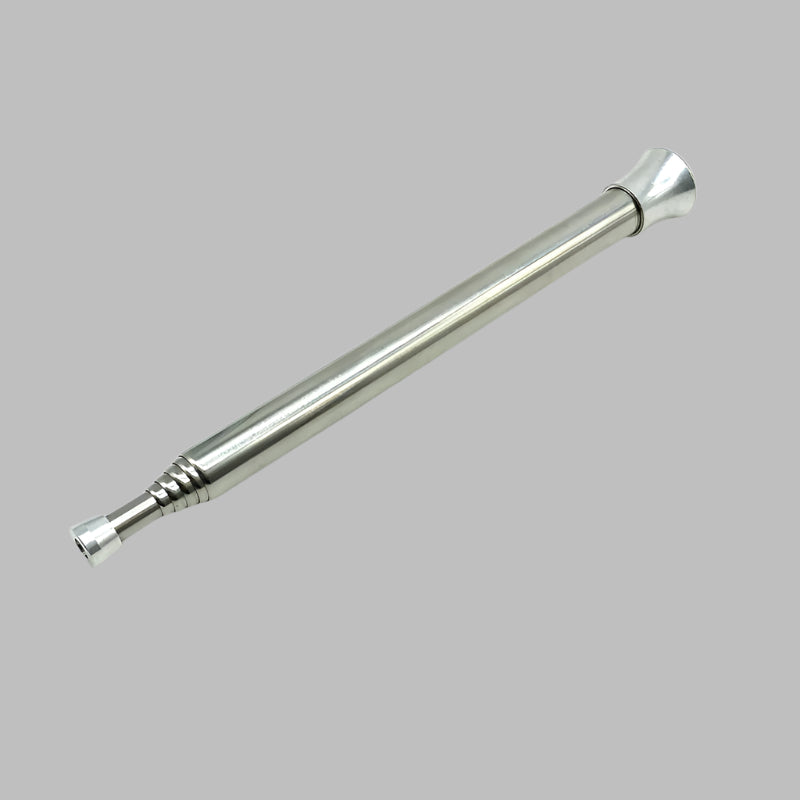 A telescopic fire tube, shown both collapsed and extended, made of stainless steel, highlighting its compact design and functionality for starting fires.