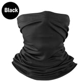 A black, gathered fabric neck gaiter or bandana is shown against a white background. The fabric is bunched and folded to show its tubular shape. A black circle in the upper left corner displays the text "Black.