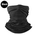 A black, gathered fabric neck gaiter or bandana is shown against a white background. The fabric is bunched and folded to show its tubular shape. A black circle in the upper left corner displays the text "Black.