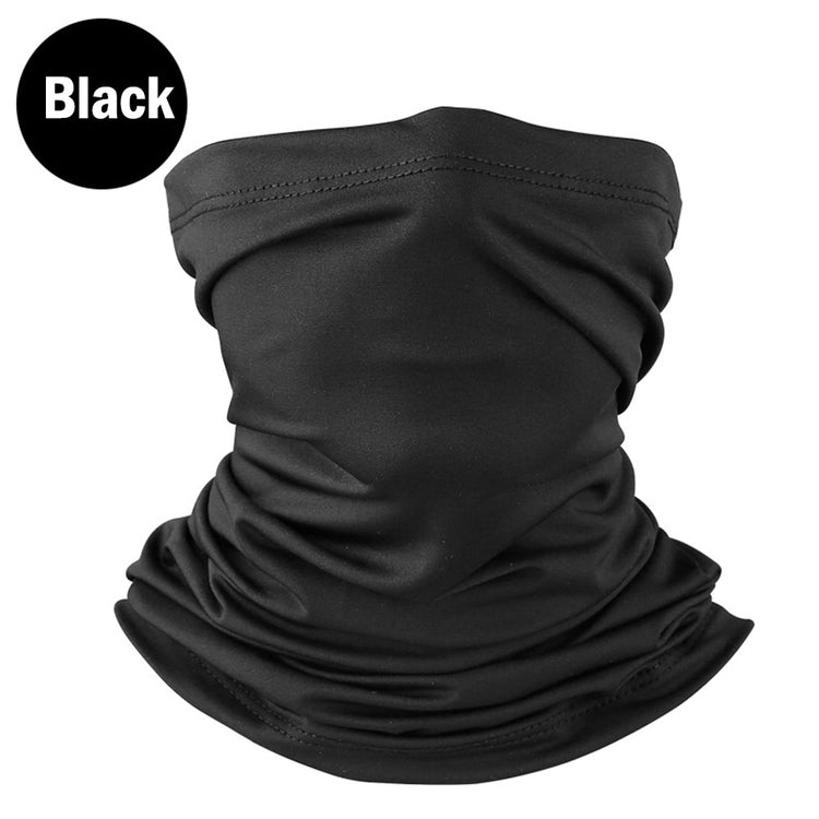 A black, gathered fabric neck gaiter or bandana is shown against a white background. The fabric is bunched and folded to show its tubular shape. A black circle in the upper left corner displays the text "Black.