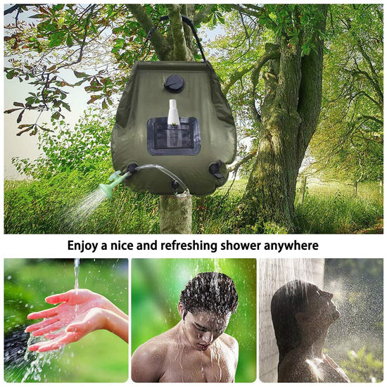 A 20L portable solar camping shower, shown filled with water and hanging from a tree, with the transparent side facing the sun
