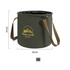 An olive green foldable bucket with brown carrying straps is shown against a white background with dimension markings indicating a height of 27cm and a diameter of 31cm. A gold logo with mountains and the text "Happy travel enjoy life" is printed on the side.