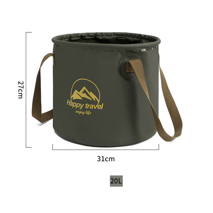 An olive green foldable bucket with brown carrying straps is shown against a white background with dimension markings indicating a height of 27cm and a diameter of 31cm. A gold logo with mountains and the text "Happy travel enjoy life" is printed on the side.