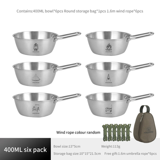 Six small, silver stainless steel bowls with handles are displayed against a white background. Each bowl features a different small, etched black camping-related design on its side. Below the bowls are a small brown drawstring storage bag, six short lengths of green cord, and text indicating "400ML six pack," "Wind rope colour random," "Bowl size: 135cm," "Weight: 113g," "Storage bag size: 1015*21.5cm," and "Free gift: 1.6m umbrella rope * 6pcs".