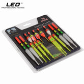 A blister pack containing 15 colorful plastic fishing floats of three different sizes, each with a rubber connector. The "LEO PROFESSIONAL FISHING" logo is visible at the top left.