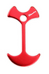 Four red aluminum alloy tent anchor pegs in a distinctive "fishbone" shape are arranged vertically against a white background. Each peg has a central hole and curved, wing-like ends.