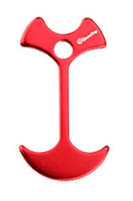 Four red aluminum alloy tent anchor pegs in a distinctive "fishbone" shape are arranged vertically against a white background. Each peg has a central hole and curved, wing-like ends.