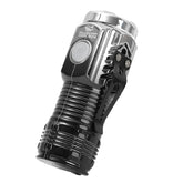 A small, black Smiling Shark mini LED flashlight with a metal clip is angled against a white background. A silver power button is visible on the side. Text on the flashlight includes "SMILING SHARK" and Chinese characters