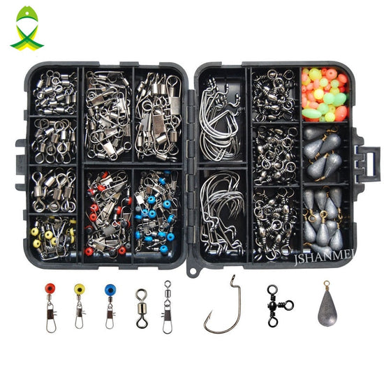 An open black plastic tackle box containing 160 various silver and colored fishing accessories, including hooks, swivels, sinkers, snaps, and beads, neatly organized in separate compartments. Individual examples of a swivel with a snap, a barrel swivel, a three-way swivel, a hook, and a sinker are shown below the box.