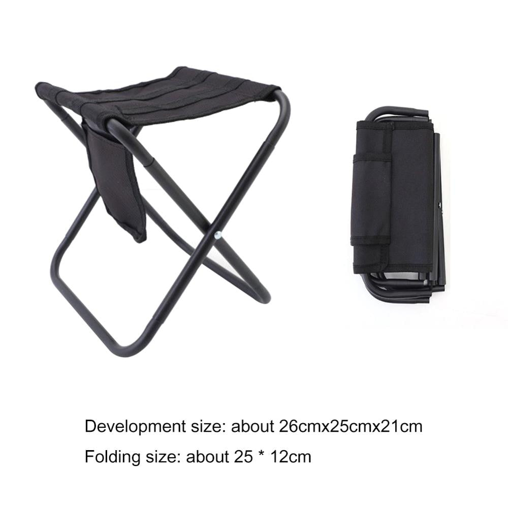 A lightweight aluminum alloy folding stool, shown both unfolded and folded in its storage bag, highlighting its compact design and portability.