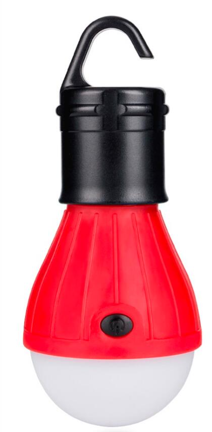 A small, red, pear-shaped portable LED camping lantern with a black hook at the top is shown against a white background. A black power button is visible on the side of the red casing, and the bottom portion is a translucent white diffuser.