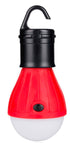 A small, red, pear-shaped portable LED camping lantern with a black hook at the top is shown against a white background. A black power button is visible on the side of the red casing, and the bottom portion is a translucent white diffuser.