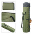 A green nylon two-layer fishing rod bag, shown both empty and folded, with close-ups of the carrying strap and zipper details. A fishing rod with a reel is partially visible inside the standing bag.