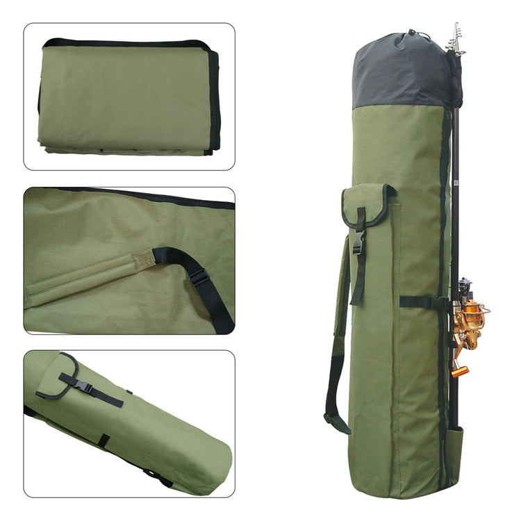 A green nylon two-layer fishing rod bag, shown both empty and folded, with close-ups of the carrying strap and zipper details. A fishing rod with a reel is partially visible inside the standing bag.