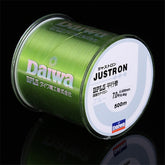 A large spool of light yellow nylon fishing line labeled with various specifications and branding.