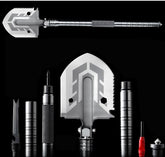 A silver, multi-functional folding shovel is shown fully extended at the top. Below, the shovel head is shown folded at a 90-degree angle with various detachable tool attachments laid out around it on a black background.