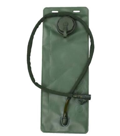A green TPU hydration bladder with a black insulated drinking tube and bite valve is shown against a white background. The bladder has a wide opening with a secure cap at the top.