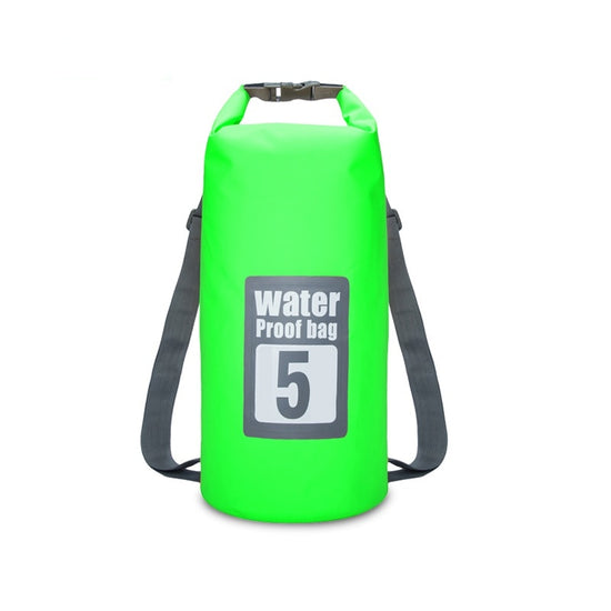 A bright green 10L waterproof dry bag with black straps and a black buckle closure. The words "WATER Proof bag" and the number "10" are printed in gray on the front.
