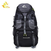 A black and gray Free Knight 50L backpack with adjustable straps, mesh side pockets, and the "FREE KNIGHT" logo visible at the top. The "Adventure 50L" logo is visible on the lower front.