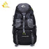 A black and gray Free Knight 50L backpack with adjustable straps, mesh side pockets, and the "FREE KNIGHT" logo visible at the top. The "Adventure 50L" logo is visible on the lower front.