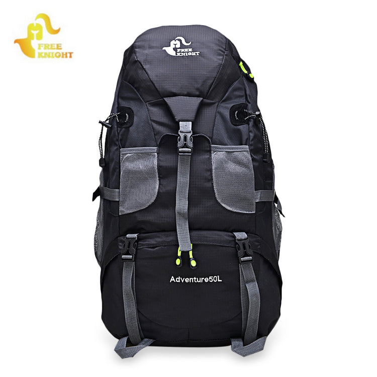 A black and gray Free Knight 50L backpack with adjustable straps, mesh side pockets, and the "FREE KNIGHT" logo visible at the top. The "Adventure 50L" logo is visible on the lower front.