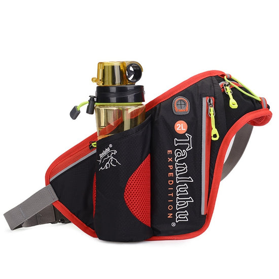 A black and red reflective running waist pack with a clear water bottle in the side holder, featuring multiple zippered pockets and an adjustable gray waist strap.