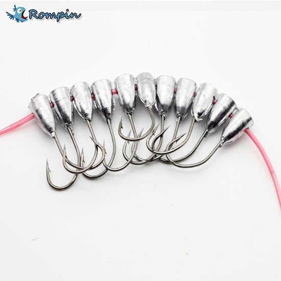 Ten silver fishing hooks with integrated lead weights are arranged in a row, attached to a pink fishing line. The "Rompin" logo is visible in the upper left corner.