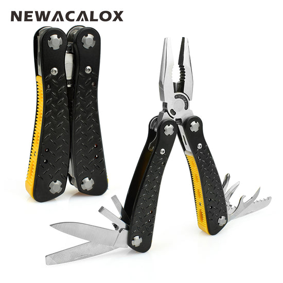 Two NEWACALOX multi-tools are shown against a white background. One is folded with its black and yellow textured handles closed, while the other is partially unfolded, revealing pliers with silver jaws and various other silver tools extending from the black and yellow handles.