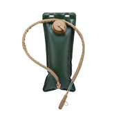 A dark green hydration bladder with a tan-colored insulated hose and bite valve, laid against a white background. The cap of the bladder is also tan.