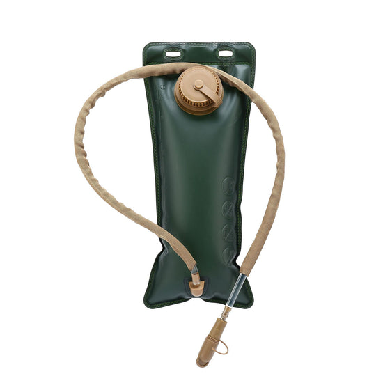 A dark green hydration bladder with a tan-colored insulated hose and bite valve, laid against a white background. The cap of the bladder is also tan.