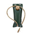 A dark green hydration bladder with a tan-colored insulated hose and bite valve, laid against a white background. The cap of the bladder is also tan.