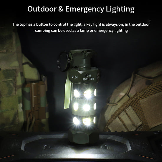 Durable alloy and ABS M84 grenade simulation LED camping light for tactical use, outdoor survival, and immersive role-playing. Requires 2 CR123A batteries (not included)