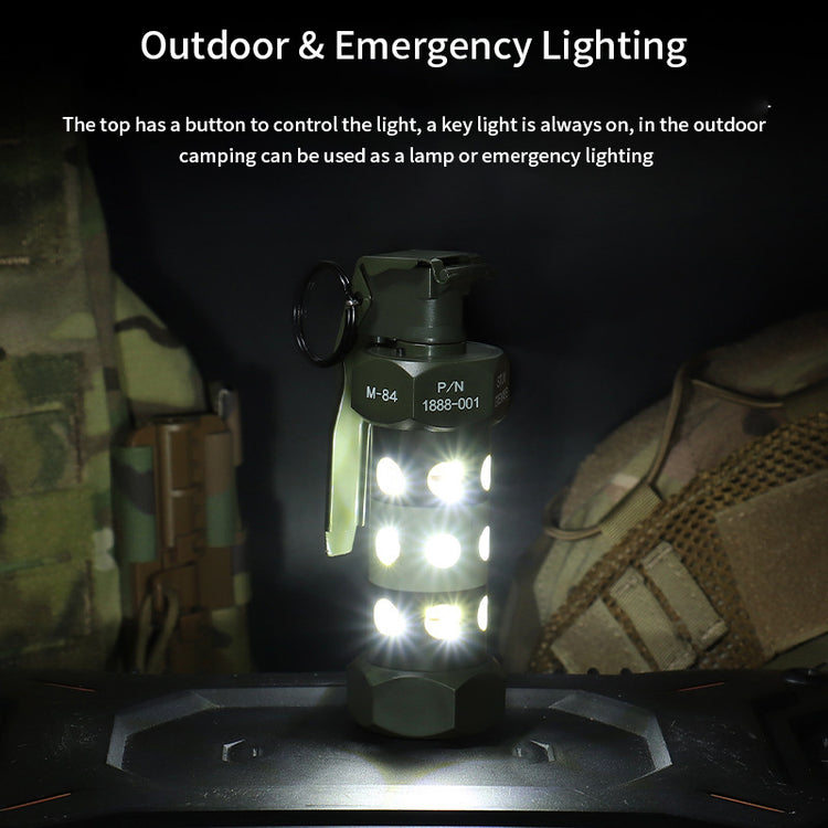 Durable alloy and ABS M84 grenade simulation LED camping light for tactical use, outdoor survival, and immersive role-playing. Requires 2 CR123A batteries (not included)