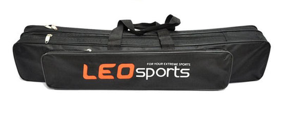 A black LEO Sports 70cm double-layer fishing rod bag with two main zippered compartments, a smaller zippered side pocket, two black hand straps, and a black adjustable shoulder strap. The "LEO sports FOR YOUR EXTREME SPORTS" logo is visible on the side pocket.