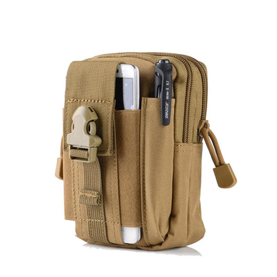 A tan tactical Molle pouch with a secure buckle closure has a smartphone and a pen inserted into its side pockets.