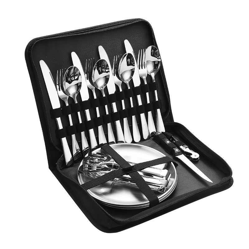 Lightweight Stainless Steel Camping Flatware Set with Dinner Plates & Portable Bag - Perfect for Outdoor Dining