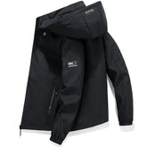 A black hooded windbreaker jacket for men with a partial zipper, a logo on the left sleeve, and lettering on the hood.