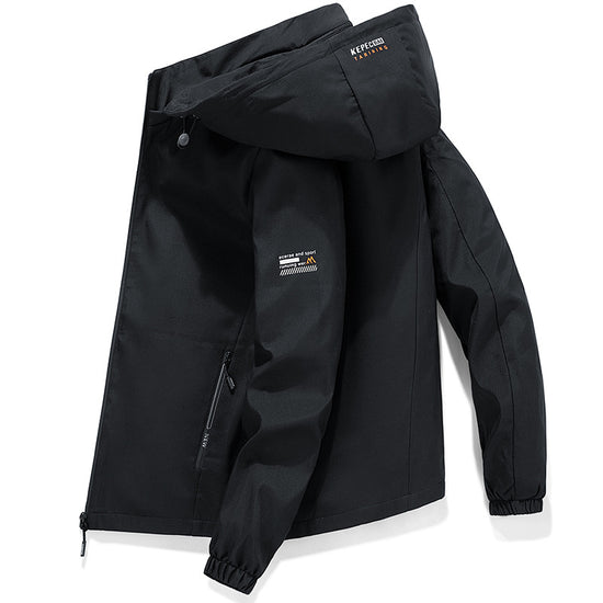 A black hooded windbreaker jacket for men with a partial zipper, a logo on the left sleeve, and lettering on the hood.